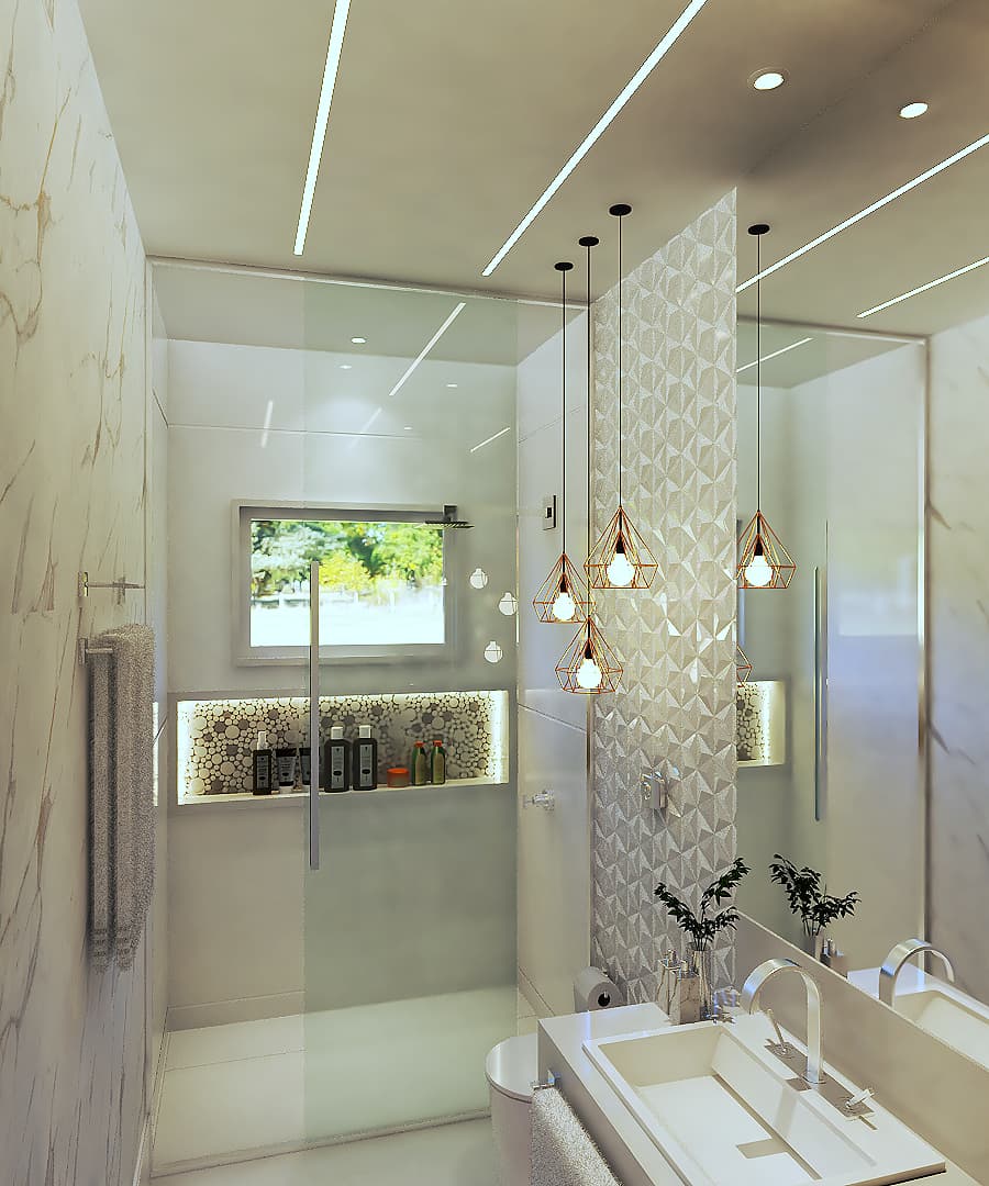 Banheiro Elegante com Mármore e Luminárias