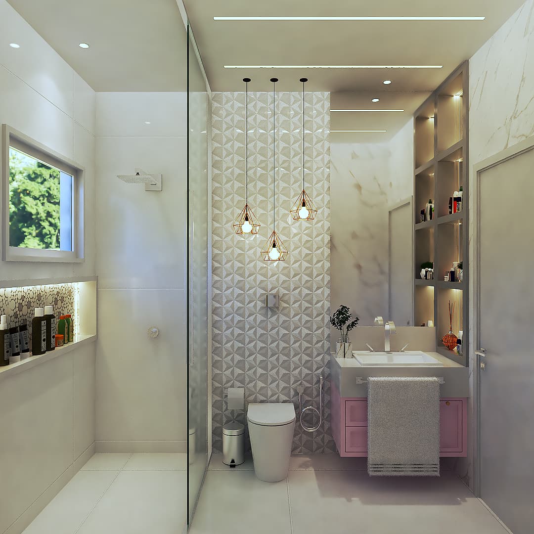 Banheiro Elegante com Mármore e Luminárias