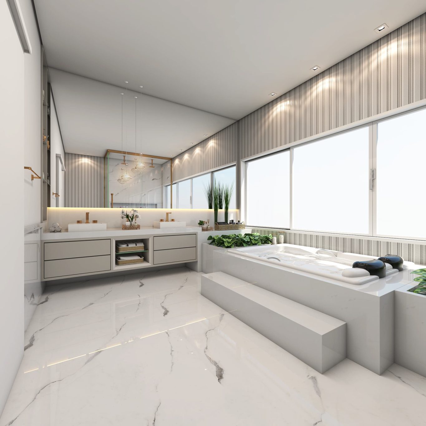 Banheiro Neoclássico com Mármore e Detalhes Dourados