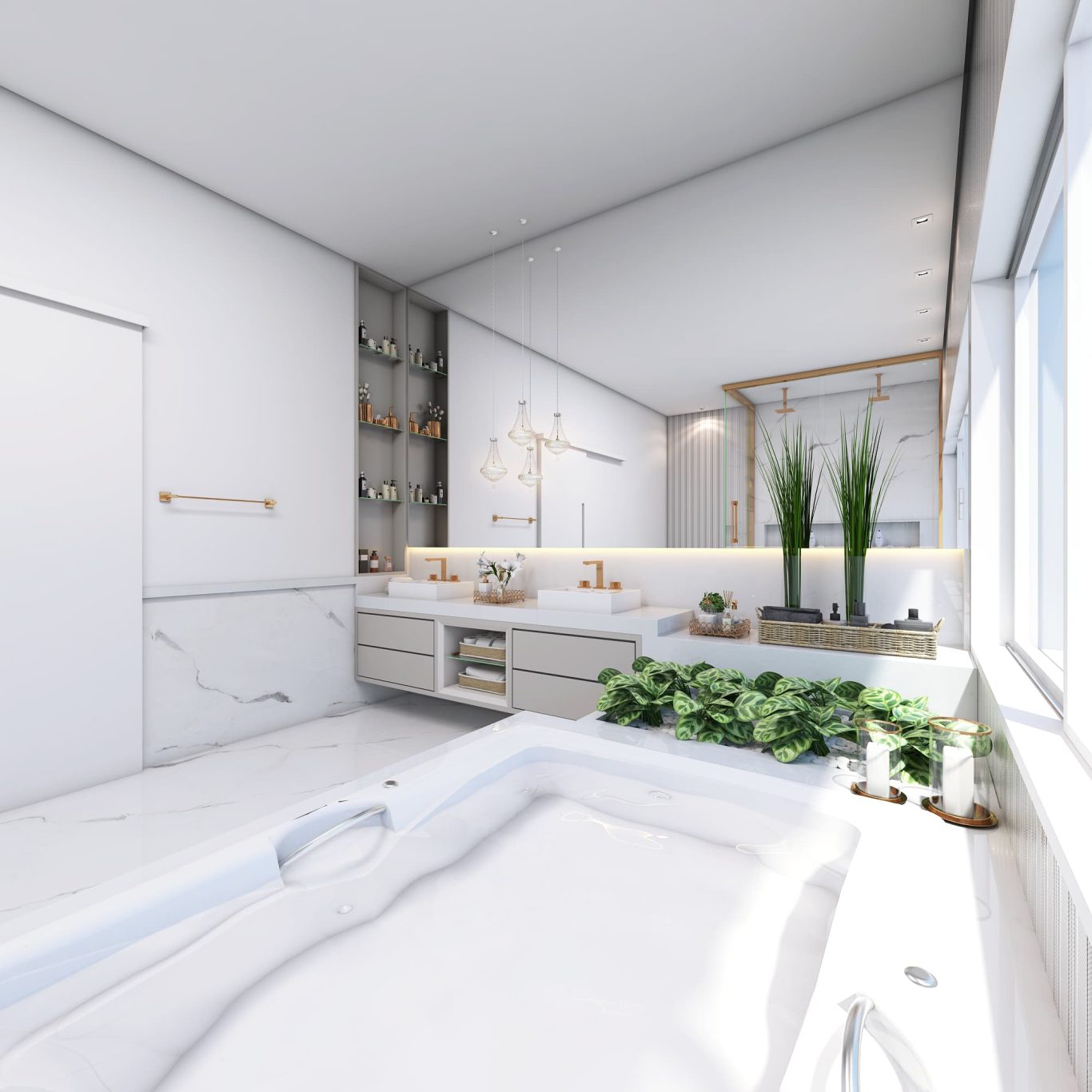 Banheiro Neoclássico com Mármore e Detalhes Dourados