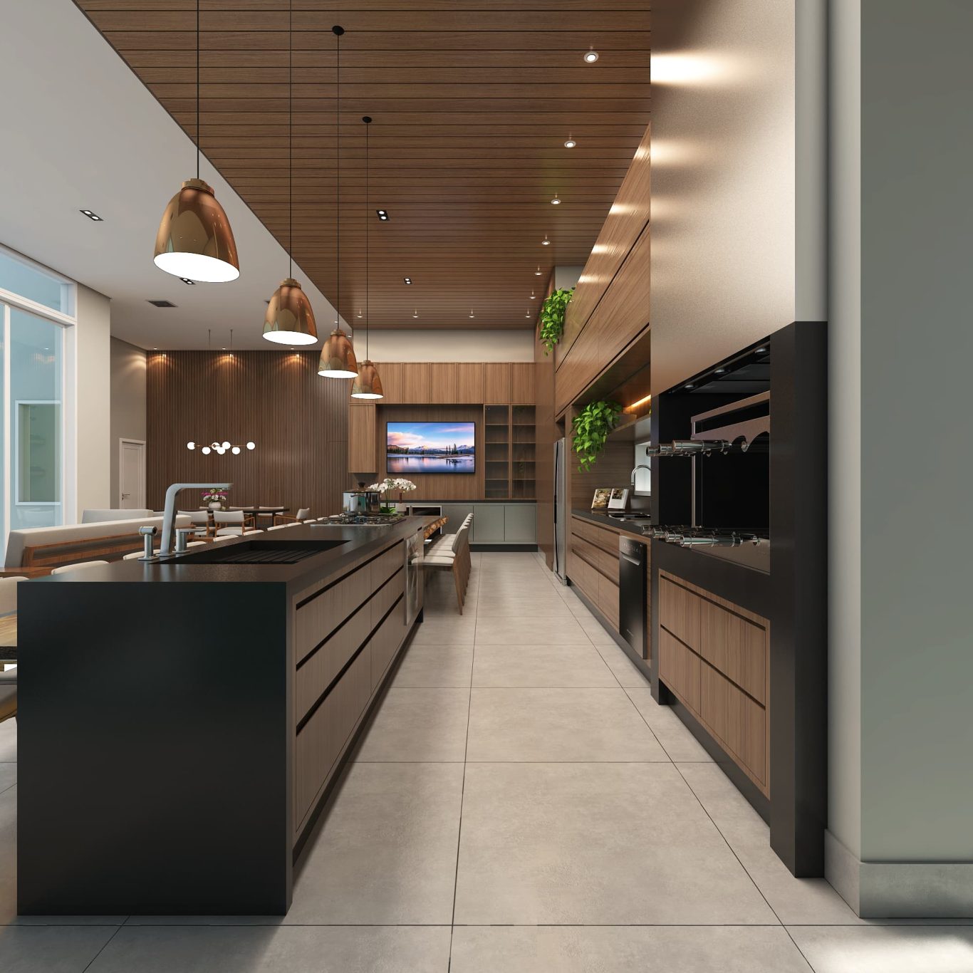 Espaço Gourmet Estilo Neoclássico com Iluminação e Detalhes Refinados