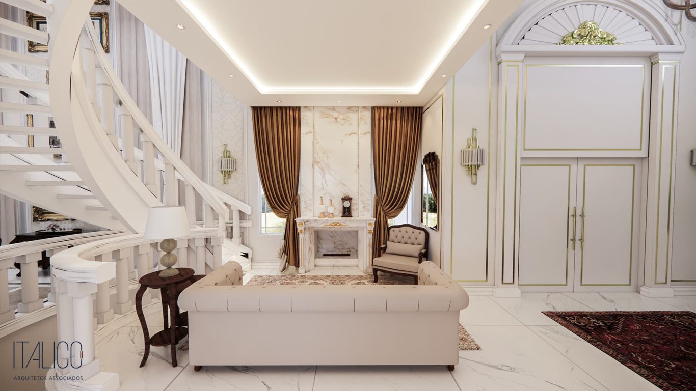 Sala com Tons Claros e Lareira em Mármore