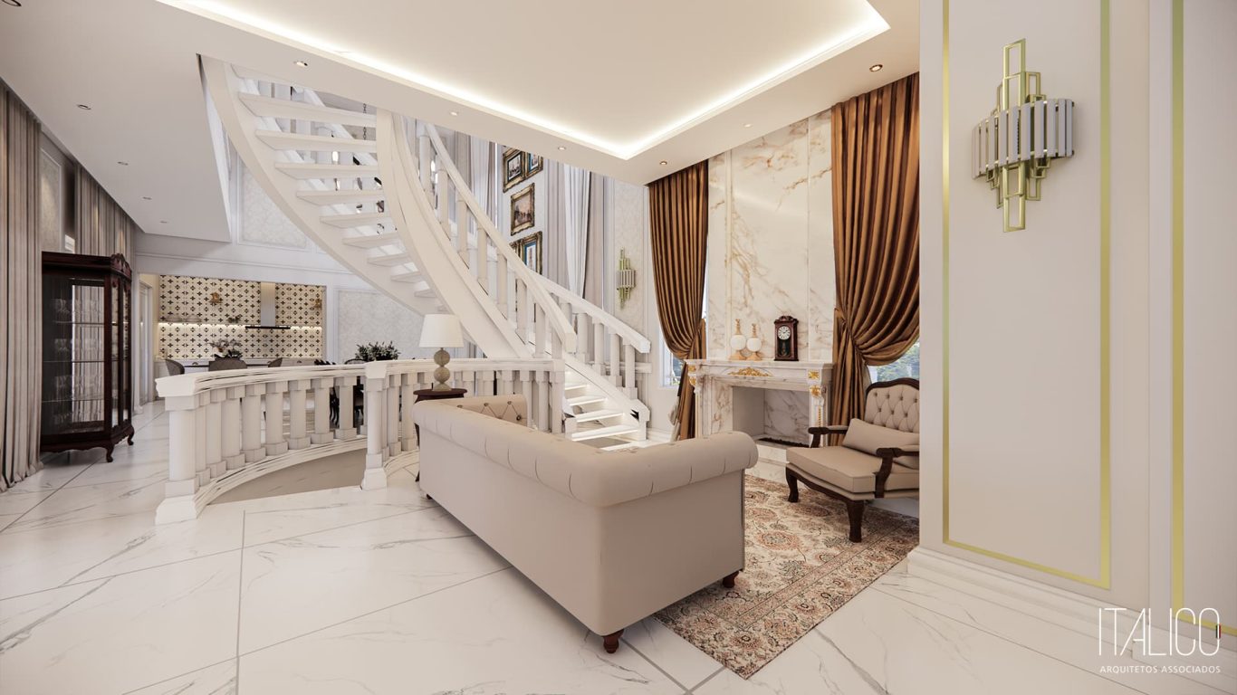 Sala com Tons Claros e Lareira em Mármore