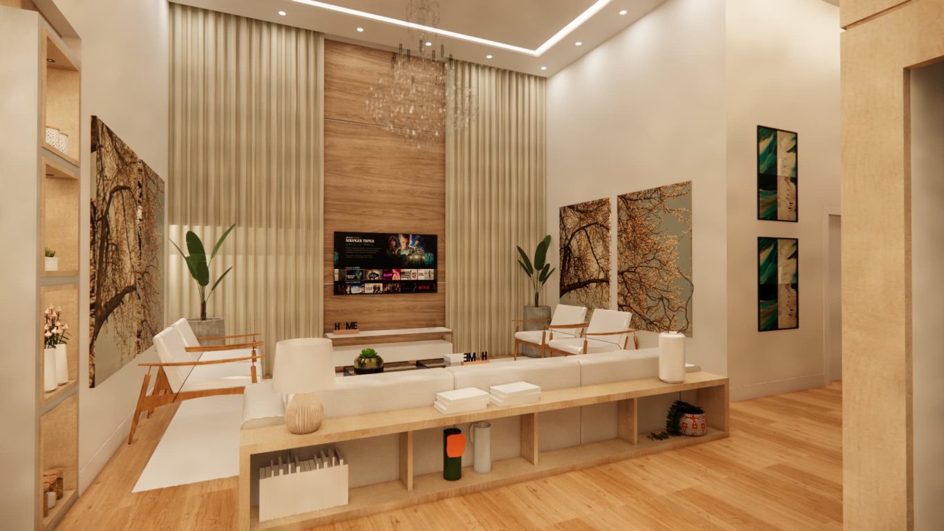 Sala com Tons Claros e Lustre de Cristal