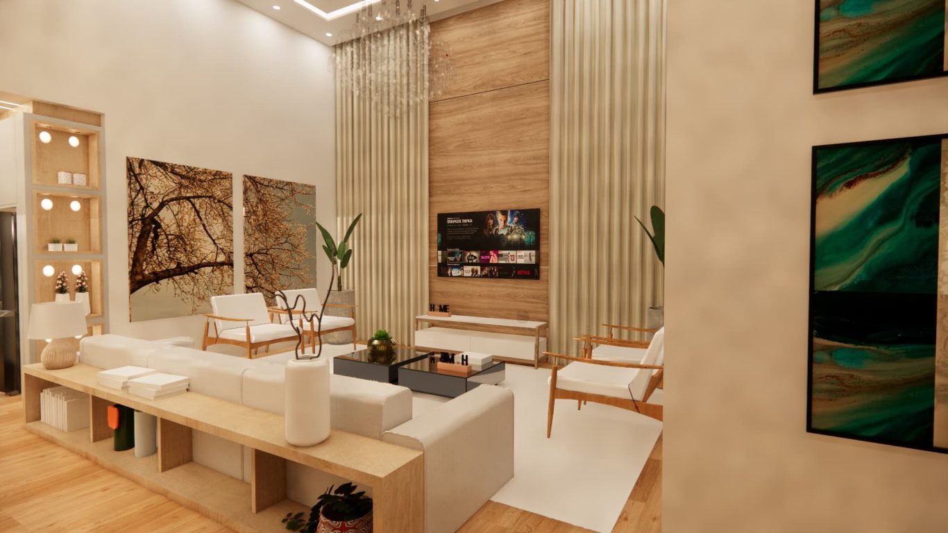 Sala com Tons Claros e Lustre de Cristal